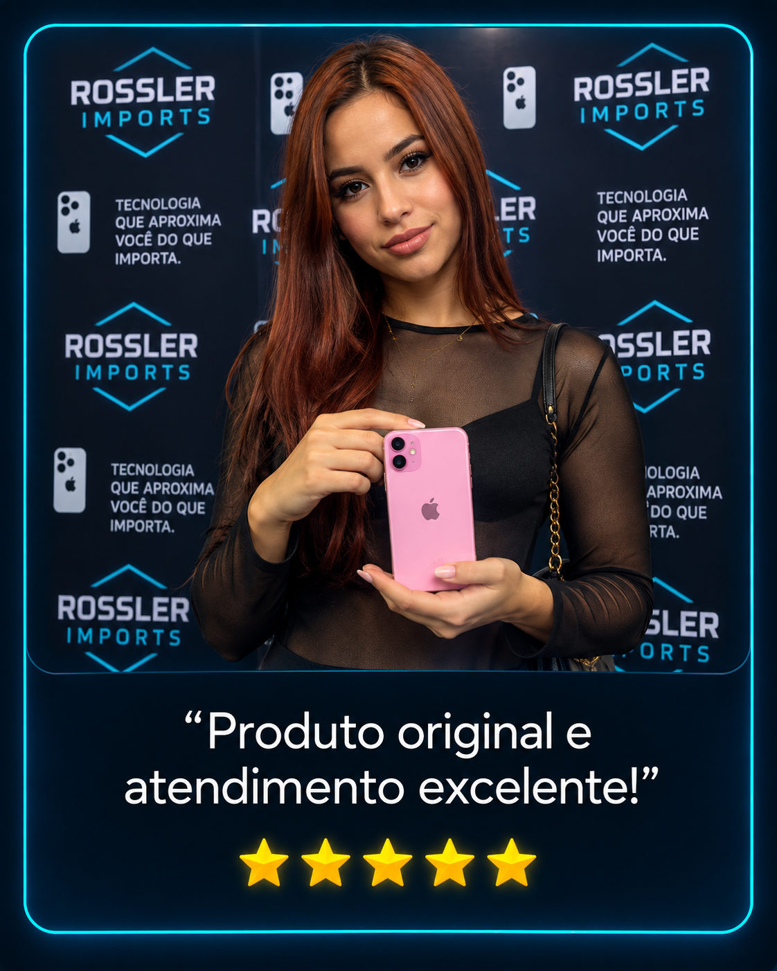 Cliente Rossler Imports com iPhone rosa